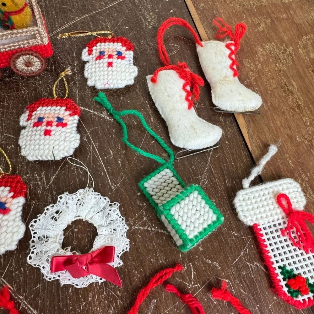VINTAGE Christmas Granny Square Stocking Poinsettia Candle Various‎ Ornament LOT